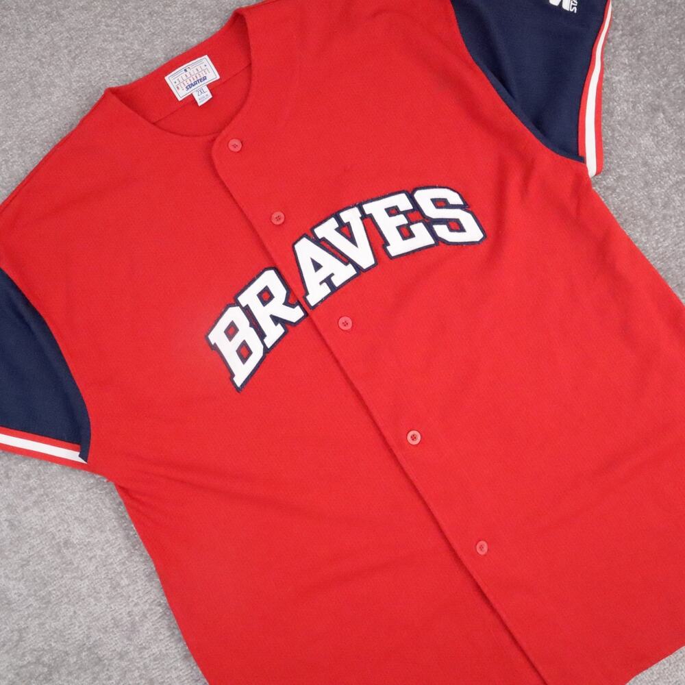 VTG Starter Atlanta Braves Baseball 2XL Red Short Sleeve Button Jersey Shirt - Picture 11 of 13
